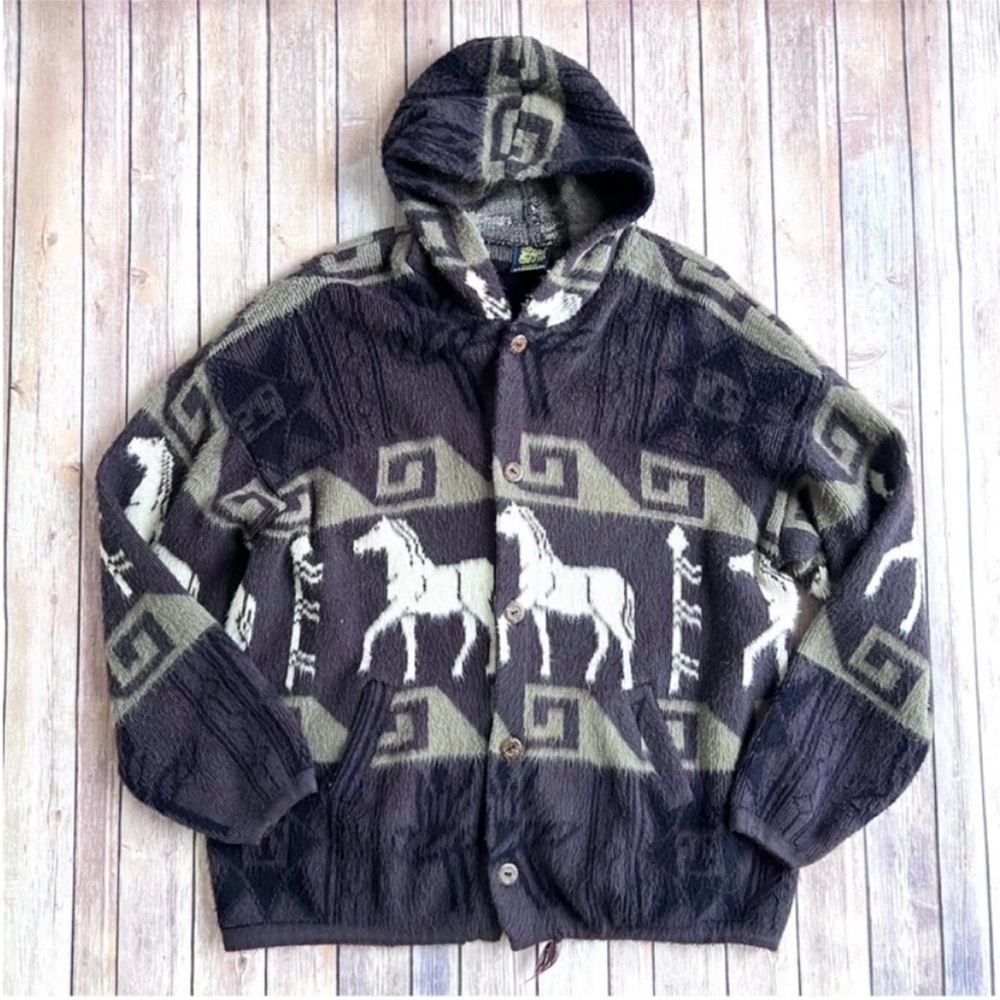 Tejidos Atahualpa Wool Hooded Coat Ecuador Handmade  Horse Motif Pattern Unisex